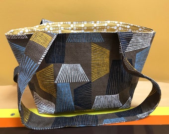Handmade Barkcloth Retro Atomic Print Small Zippered Tote Bag 100% Cotton