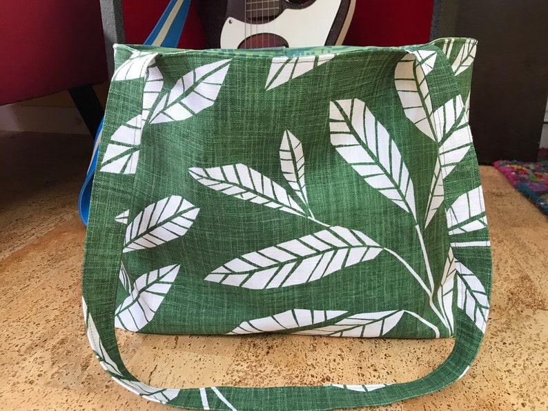 Handmade Tote Bag Emerald Green Premier Prints Tropical Leaves with Abstract Alexander Henry Lining 100 /% Cotton