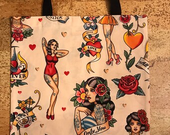 Handmade Shopping Tote Book Bag Album Bag Alexander Henry Tattoo Print 100% Cotton