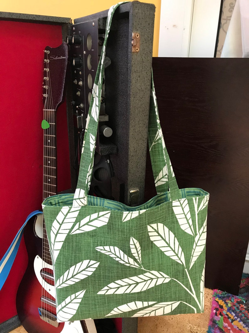 Handmade Tote Bag Emerald Green Premier Prints Tropical Leaves with Abstract Alexander Henry Lining 100 /% Cotton