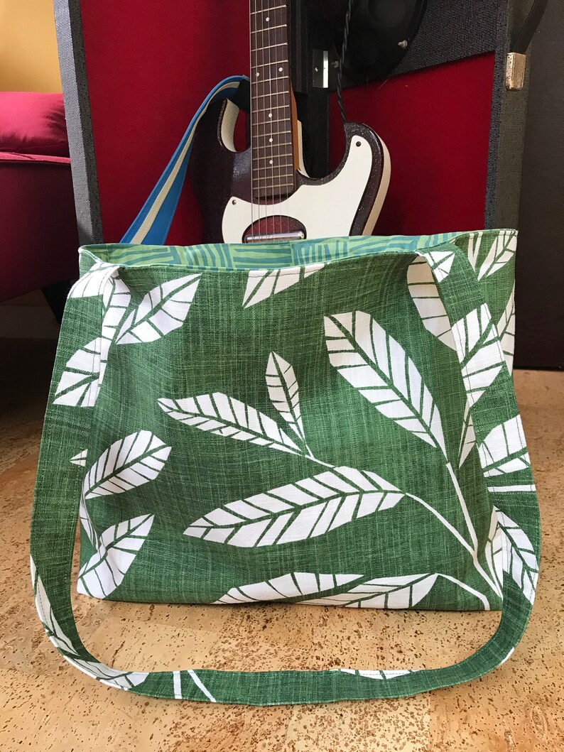 Handmade Tote Bag Emerald Green Premier Prints Tropical Leaves with Abstract Alexander Henry Lining 100 /% Cotton