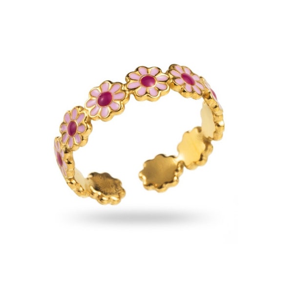 Bague marguerite, bague florale, bague couleur, bague acier inoxydable, bague ajustable