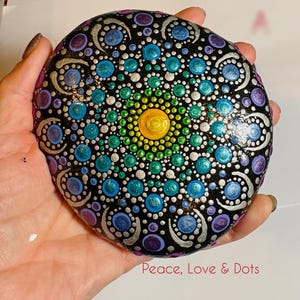 Hand Painted Peacock Mandala Stone, Teal and Purple Dot Art Rock, Large Zen Meditation Stone, Unique Yoga Gift for Her, Boho Office Decor
