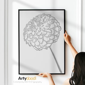 Dahlie Poster Druck, Blumen Illustration Kunst, Einfache Schwarz Weiß Blumen Zeichnung, | Mit Rahmen Optionen gedruckt