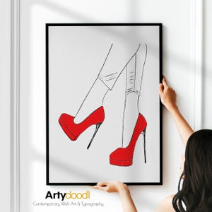 Red Stiletto Shoes Print - Black & White Fashion Art
