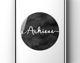 Achieve Print, Black and White Watercolour Wall Art Print, Home Office Decor