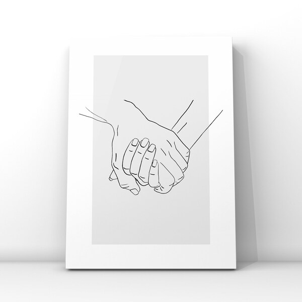 Holding Hands Print, Line Art on Grey Colour Block Print, UNFRAMED Simple Artwork