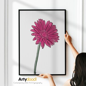 Moderne rosa Blumen Zeichnung, rosa Gerbera botanische Illustration, rosa Wand Kunst Poster | Mit Rahmen Optionen gedruckt