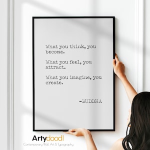 Buddha Zitat Print, Buddha Spruch Wanddekoration, Motivations Poster Was du denkst, wirst du, gerahmt, ungerahmt oder Leinwand | B1-Q-T-AD