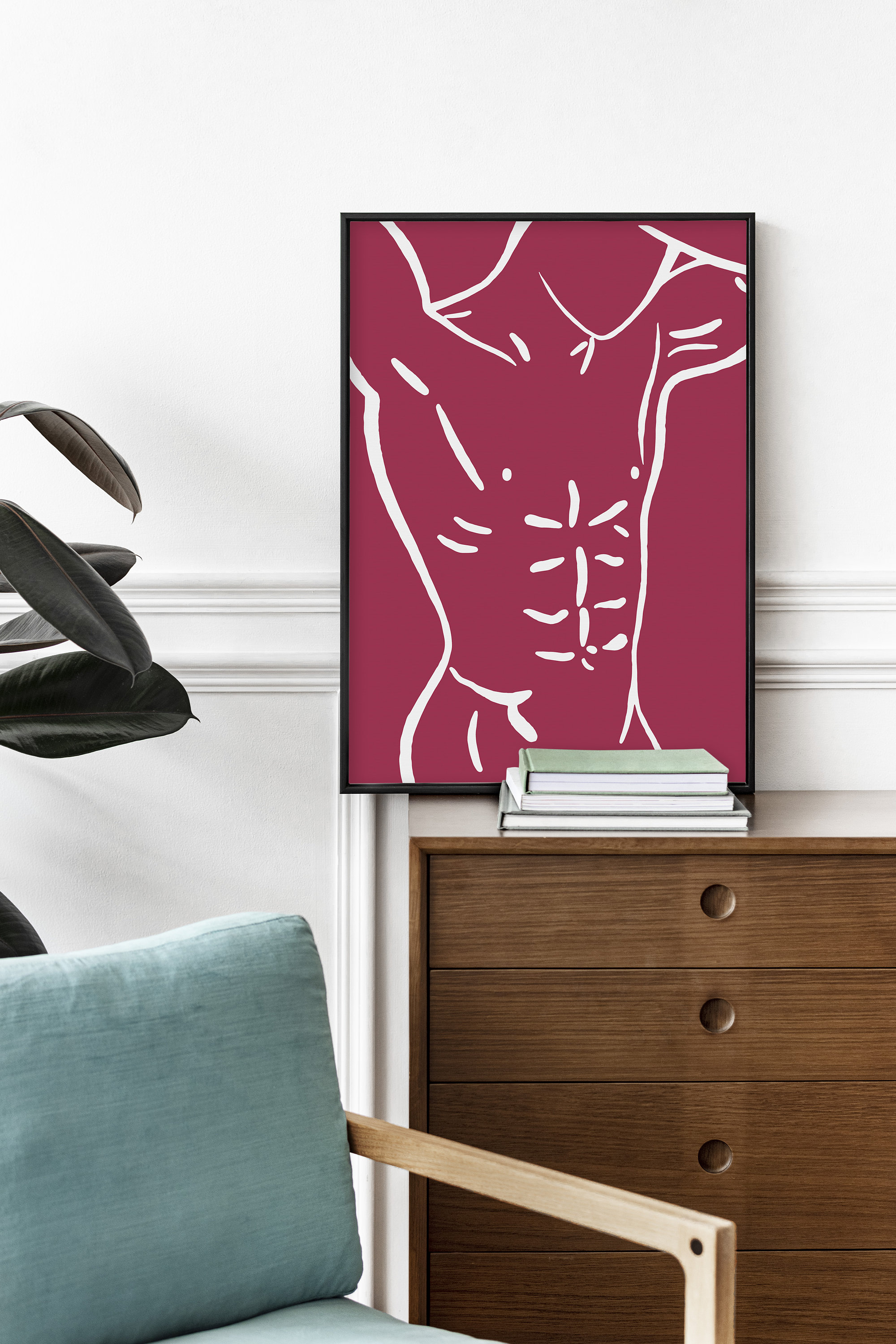 Pink and White Male Torso Line Art Print Simple Upper Body Wall Art ...