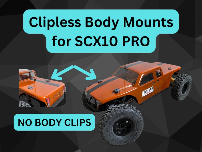 Pode incluir: Carroceria de carro RC laranja com listras de corrida pretas e um adesivo "Fine Laser Racing". A carroceria est&aacute; montada em um chassi com rodas e pneus pretos. A imagem mostra um par de suportes de carroceria sem clipes para o SCX10 PRO. O texto "NO BODY CLIPS" &eacute; exibido abaixo da imagem.