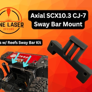 May include: Black plastic sway bar mount for an Axial SCX10.3 CJ-7 RC car. The mount is designed to work with Reefs sway bar kits. The image shows the mount installed on the car and a close-up of the mount.