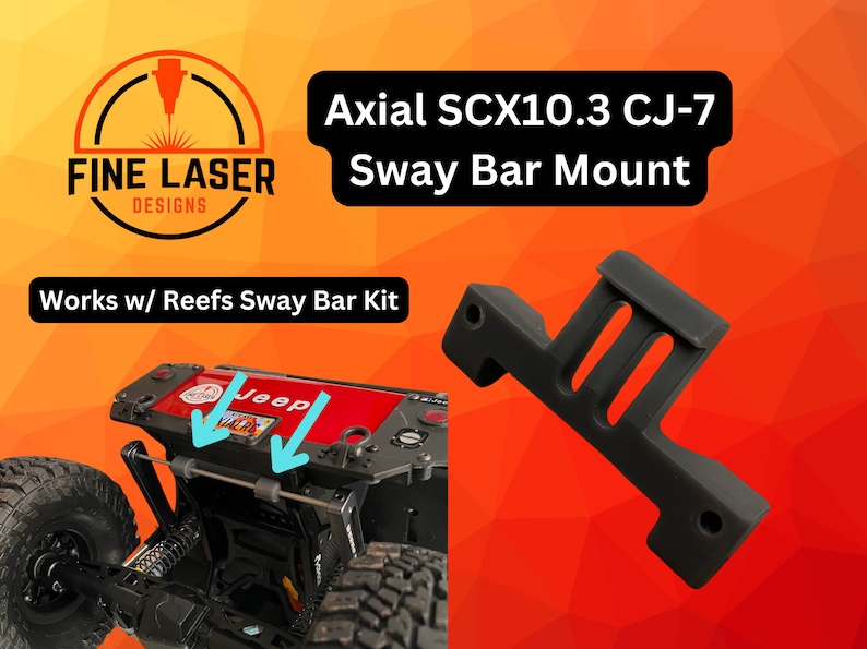 May include: Black plastic sway bar mount for an Axial SCX10.3 CJ-7 RC car. The mount is designed to work with Reefs sway bar kits. The image shows the mount installed on the car and a close-up of the mount.