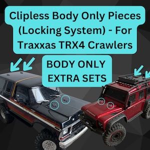 May include: Two Traxxas TRX4 crawler truck bodies, one black and one red, with a black roof rack on the red truck. The text "BODY ONLY EXTRA SETS" is visible in the image.