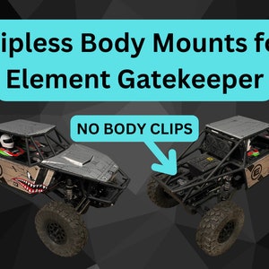 May include: A black and gray remote control car with a gray body and a black roll cage. The car has a "NO BODY CLIPS" sign on the side. The car is on a black and gray background.  Clipless Body Mounts for Element Gatekeeper.