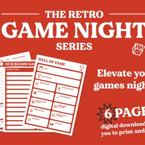 May include: The Retro Game Night Series: 6 printable pages for tracking game night scores and creating a hall of fame.  The pages are white with black text and icons.  The background is red.