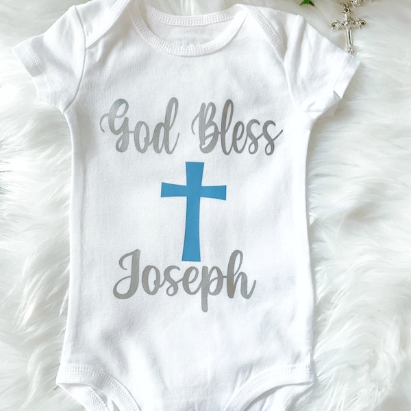 Personalized Baptism Custom Baby Name Bodysuit {Christening for newborn boy or girl, God Bless Shirt, Cross }