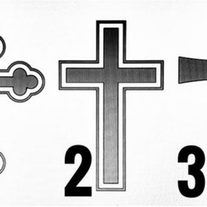 Op de afbeelding: Drie verschillende stijlen kruisen, genummerd 1, 2 en 3. De kruisen zijn allemaal zwart-wit en hebben een verloop-effect.