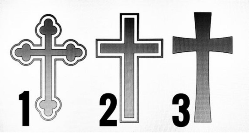 Op de afbeelding: Drie verschillende stijlen kruisen, genummerd 1, 2 en 3. De kruisen zijn allemaal zwart-wit en hebben een verloop-effect.