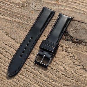Shell Cordovan Black Shinki Leather Watch Strap | Customized Handmade Watch Band 18mm, 19mm, 20mm, 21mm, 22mm, 23mm, 24mm, | Horsebutt Band