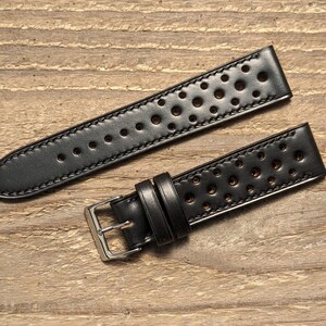 Horween Black Chromexcel Leather Rally Watch Strap | Custom Handmade Full Stitch Band 18mm, 19mm, 20mm, 21mm, 22mm, 24mm | Black Thread