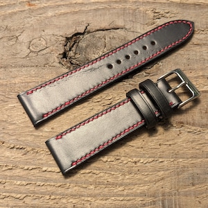 Horween Black Chromexcel Leather Watch Strap | Custom Handmade Full Stitch Watch Band 18mm, 19mm, 20mm, 21mm, 22mm, 23mm, 24mm, | Red Thread