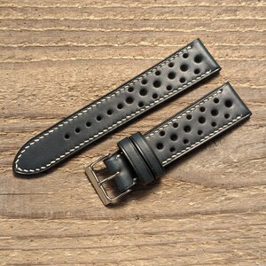 Horween Navy Chromexcel Leather Rally Watch Strap | Custom Handmade Watch Band 18mm, 19mm, 20mm, 21mm, 22mm, 24mm | Full Stitch Rally