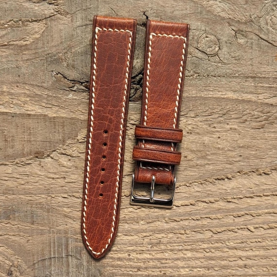 Horween Derby English Tan Leather Watch Band Handmade 18mm 19mm 20mm 21mm 22mm 23mm 24mm Box Stitch Strap