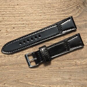 Shell Cordovan Black Shinki Leather Watch Strap | Custom Handmade Band 16mm, 17mm, 18mm, 19mm, 20mm, 21mm, 22mm | Horsebutt Tonneau Strap