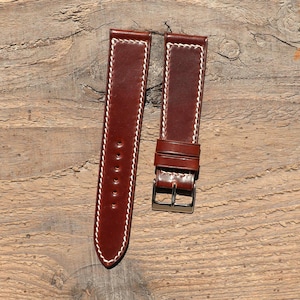 Horween Shell Cordovan Brown Leather Watch Strap Bespoke Watch Band 18mm, 19mm, 20mm, 21mm, 22mm, 23mm, 24mm Box Stitch Strap