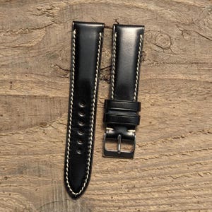 Shell Cordovan Black Leather Watch Band Handmade 18mm 19mm 20mm 21mm 22mm 23mm 24mm Full Stitch Padded Shinki Strap