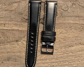 Shell Cordovan Black Leather Watch Strap Handmade 18mm 19mm 20mm 21mm 22mm 23mm 24mm Full Stitch Padded Shinki Band