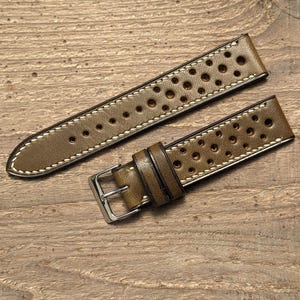 Wickett & Craig Olive Leather Watch Strap | Custom Handmade Watch Band 18mm, 19mm, 20mm, 21mm, 22mm, 23mm, 24mm, | Full Stitch Rally Strap