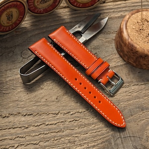 Buttero Orange Leather Watch Strap | Custom Handmade Full Stitch Watch Band 18mm, 19mm, 20mm, 21mm, 22mm, 23mm, 24mm, | Padded Watch Strap
