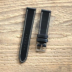 Horween Chromexcel Black Leather Watch Strap Bespoke Band 18mm, 19mm, 20mm, 21mm, 22mm, 23mm, 24mm, Full Stitch Strap