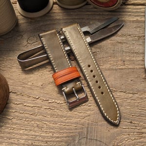 Wickett & Craig Olive Leather Watch Strap | Custom Handmade Watch Band 18mm, 19mm, 20mm, 21mm, 22mm, 23mm, 24mm, | Full Stitch 2 Tone