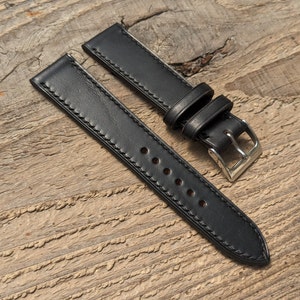 Horween Black Chromexcel Leather Watch Strap | Custom Handmade Full Stitch Band 18mm, 19mm, 20mm, 21mm, 22mm, 24mm, | Matching Thread Band