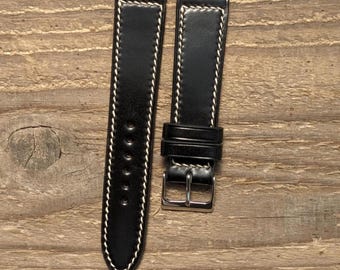 Shell Cordovan Black Leather Watch Band Handmade 18mm 19mm 20mm 21mm 22mm 23mm 24mm Box Stitch Shinki Strap