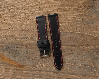 Horween Chromexcel Black textured leather watch strap full stitch red thread handmade, 18mm, 19mm, 20mm, 21mm, 22mm, 23mm, 24mm, USA leather