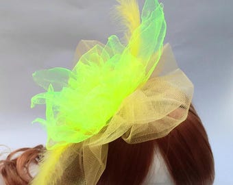 Bright neon yellow headband made of lightweight and transparent organza - festive head decoration - hair band - party accessory