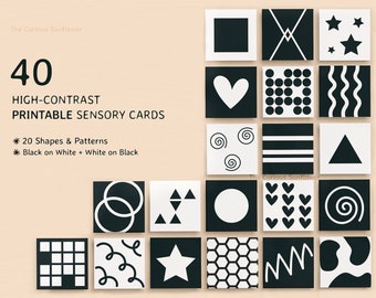 Carte per bambini ad alto contrasto in bianco e nero, Flashcard sensoriali Montessori stampabili, forme geometriche per neonati - DOWNLOAD DIGITALE