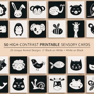 Animals High Contrast Baby Cards in Black and White - Printable Montessori Sensory Flashcards for Infant Stimulation - DIGITAL DOWNLOAD