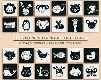 Animals High Contrast Baby Cards in Black and White - Printable Montessori Sensory Flashcards for Infant Stimulation - DIGITAL DOWNLOAD