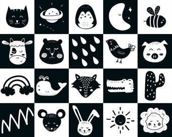 Lot de 120 cartes bébé à contraste élevé - Cartes sensorielles noires et blanches Montessori imprimables pour la stimulation infantile - TÉLÉCHARGEMENT NUMÉRIQUE