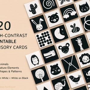 Pacchetto 120 carte per bambini ad alto contrasto Carte sensoriali Montessori stampabili in bianco e nero per la stimolazione infantile DOWNLOAD DIGITALE immagine 2