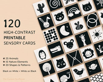 Lot de 120 cartes pour bébés à contraste élevé - Cartes sensorielles Montessori imprimables en noir et blanc pour la stimulation du nourrisson - TÉLÉCHARGEMENT NUMÉRIQUE