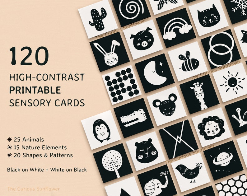 Pacchetto 120 carte per bambini ad alto contrasto Carte sensoriali Montessori stampabili in bianco e nero per la stimolazione infantile DOWNLOAD DIGITALE immagine 2