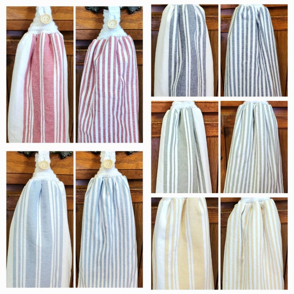 Hand Towels with Crochet Top and Button Keating Stripe. Thick absorbent dish towels. Very Nice.
