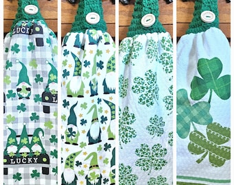 St. Patrick's Day Kitchen Towels with Crocheted Top and Button
