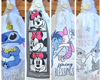 Cartoon Character Kitchen Towels with Crochet Top and Button